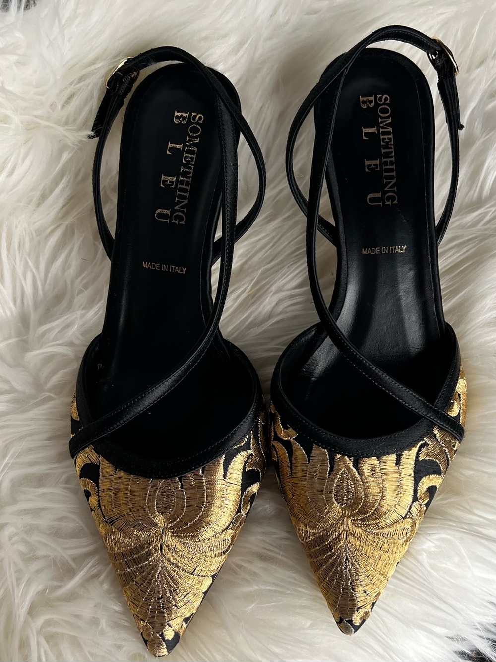 Black & Gold Pointed Toe Slingback Heels